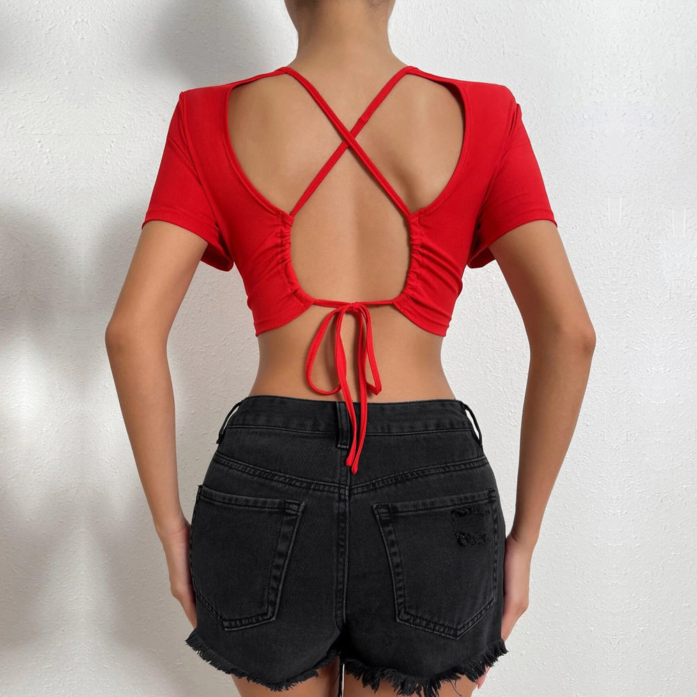 Summer Womens Short Sleeve T Shirt Sexy Backless Design Cropped Length Lightweight Fabric Casual Wear Wholesale