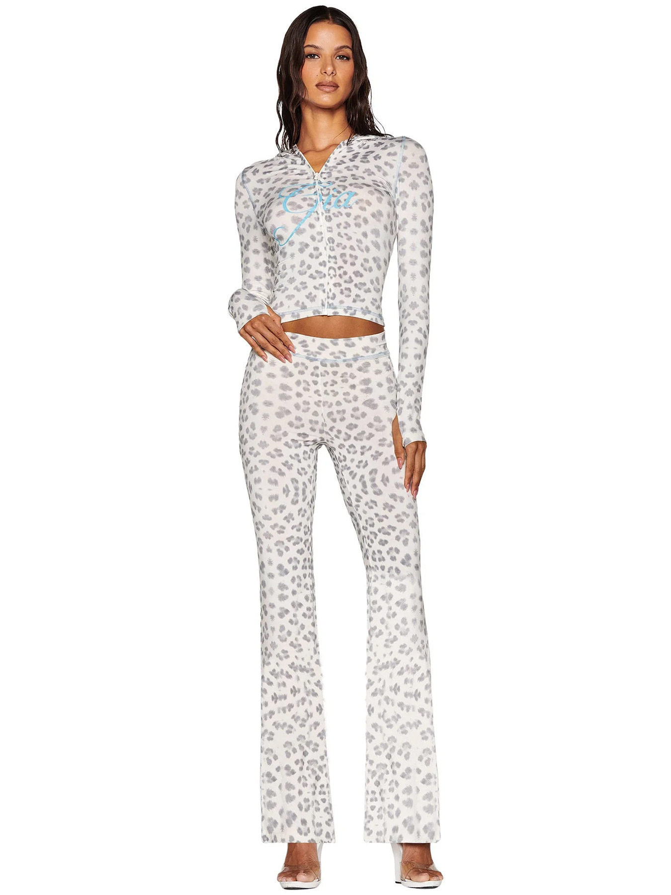 HR25071 欧美时尚女装跨境货源印花连帽长袖拇指扣微喇叭两件套装