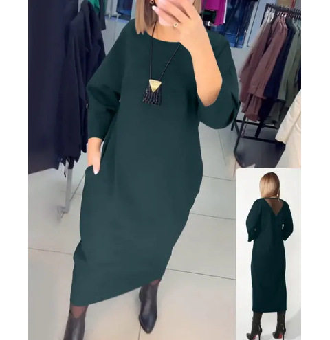Long Sleeve Pocket Dress Solid Color Round Neck Casual Style Autumn Winter Fashion for Women Wholesale Available