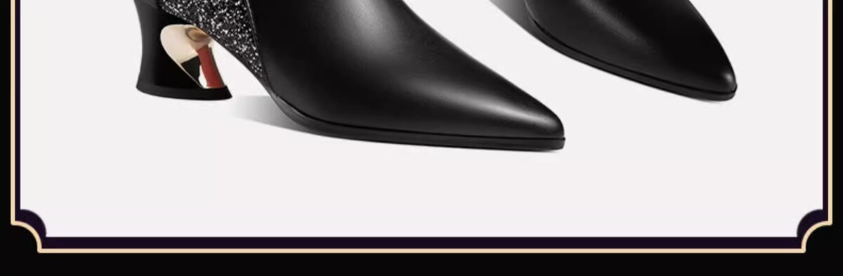 Boot nữ cổ thấp gót thô mũi nhọn phối kim loại lấp lánh, lót lông giữ ấm — Màu đen, Màu nâu