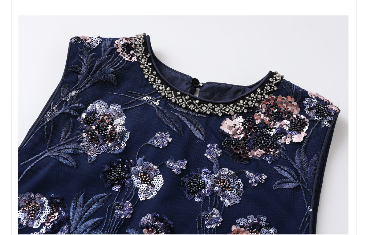Áo vest nữ thêu cườm đính đá cổ tròn phối hoa văn — Jiyue Blue (giao hàng trong 7 ngày), Jiyue Blue (phát hành cùng ngày)