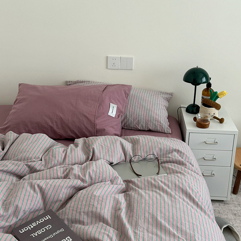 Wholesale Ins Japanese Simple Mix and Match Stripesd Cotton Four-Piece Set Scandinavian Style Cotton Yarn-Dyed Washed Cotton Four-Piece Set