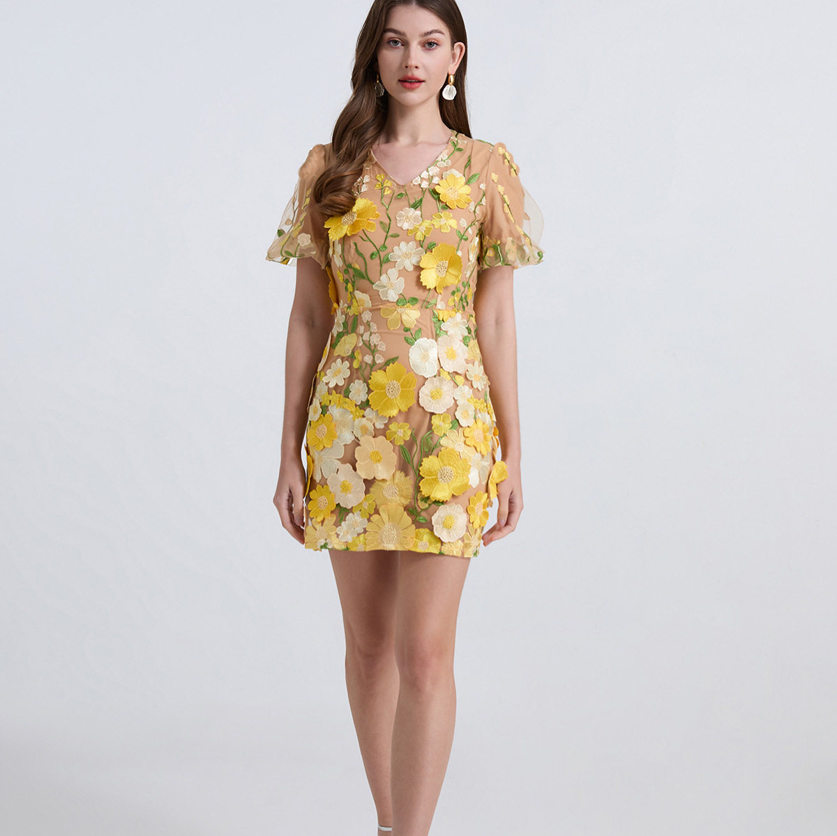 Elegant Summer Dress Vintage French Style V Neck Lantern Sleeves Embroidered Tulle Cinched Waist Puff Sleeves