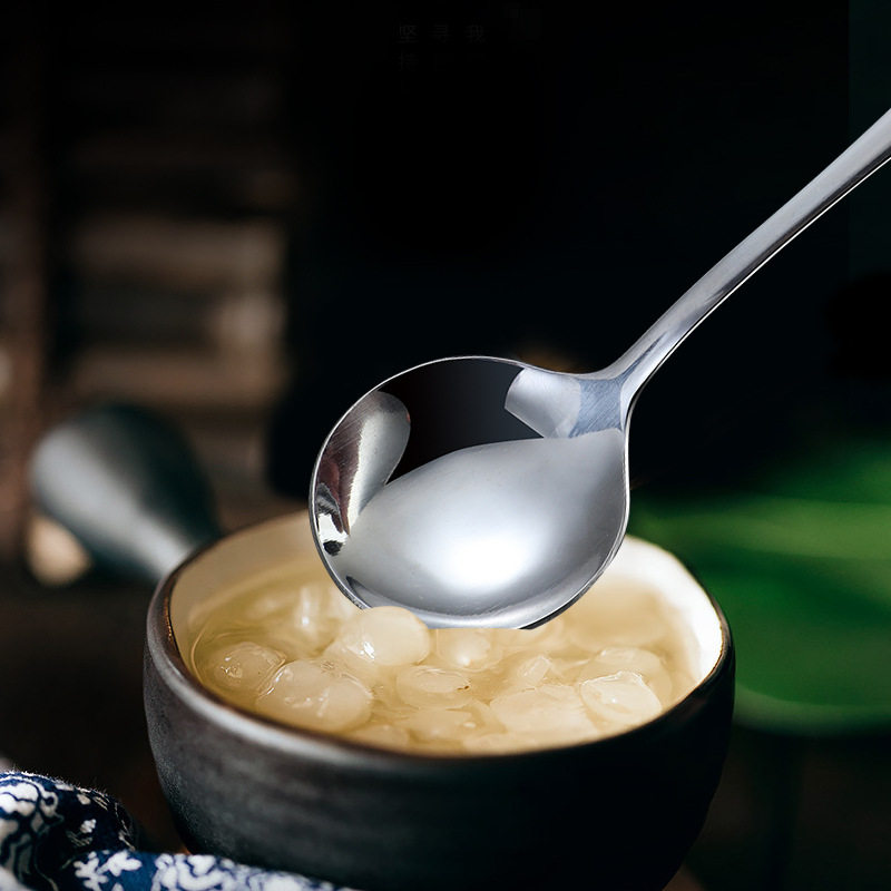 Stainless Steel Spoon Western Food Tableware Coffee Spoon Long Handle Korean Bibimbap Spoon Spoon Ice Cream Dessert Spoon Small Round Spoon