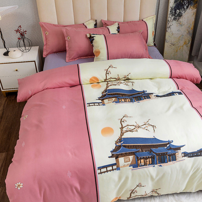 Nantong Fulena Four-piece Set Wholesale Chinese Style Sanding Washed Cotton Bed Sheet Quilt Cover Gift Four-piece Set for Hair