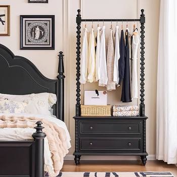 French-Style Retro Solid Wood Floor-Standing Open-Style Home American-Style Bedroom Clothes and Coat Rack with Integrated Bedside Table
