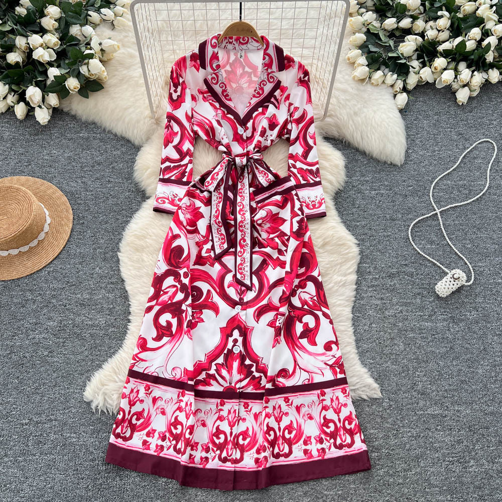 Vintage Inspired Floral Print Dress Long Sleeve Waist Tie Elegant Style Perfect for Formal Occasions Wholesale