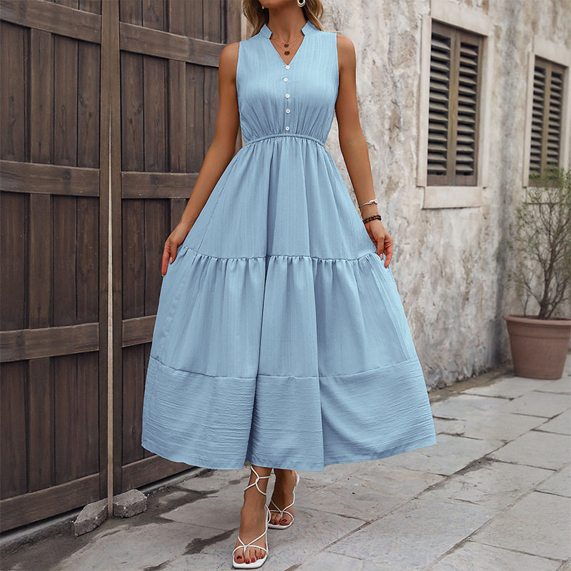High Waist Sleeveless Maxi Dress Simple Style Solid Color Comfortable Fit Casual Wear for Summer OEM Available