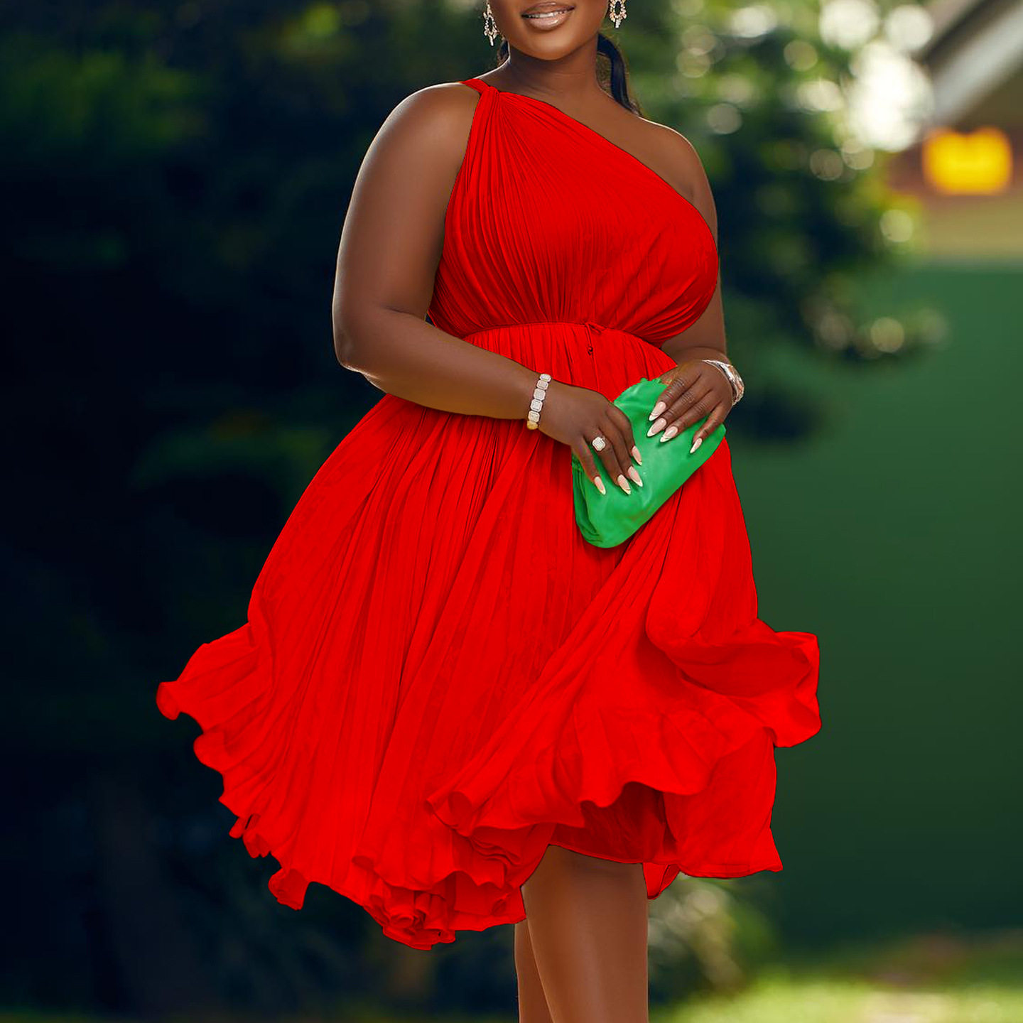 Plus Size Womens Dress Summer Collection Asymmetrical Shoulder Pleated Design Solid Color Elegant Style