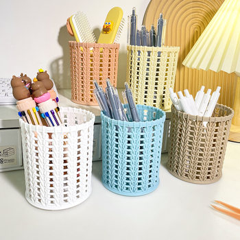 Simple Rattan-Like Woven Plastic Pen Holder, High-Looking Hollow Desktop Storage Box, Office Stationery, Round Pen Holder Wholesale