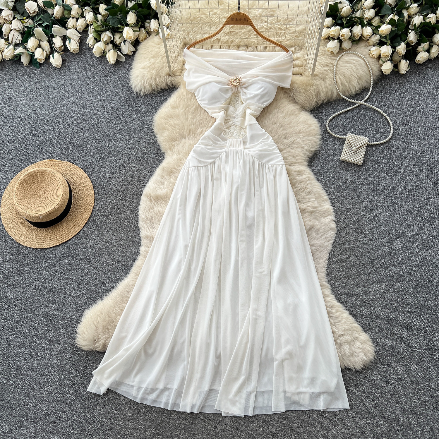 French Vacation Style Off Shoulder White A Line Dress for Women Sleeveless Waist Defining Elegant Long Summer Dress