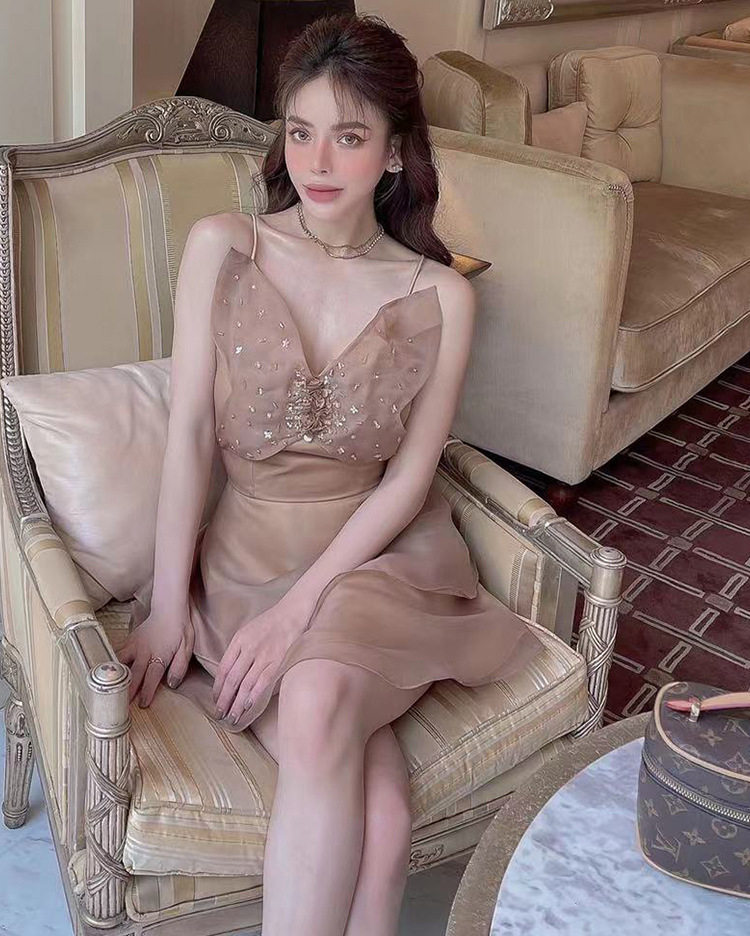 Đầm maxi nữ organza thêu hoa bướm 3D đính đá — Rượu vang đỏ chi tiết 5