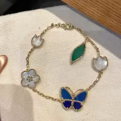 18K Gold-Plated Ladybug Blue Butterfly Bracelet Four-Leaf Clover Lucky Light Luxury Mother-Of-Pearl Green Leaf Stacked Five-Flower Bracelet for Women