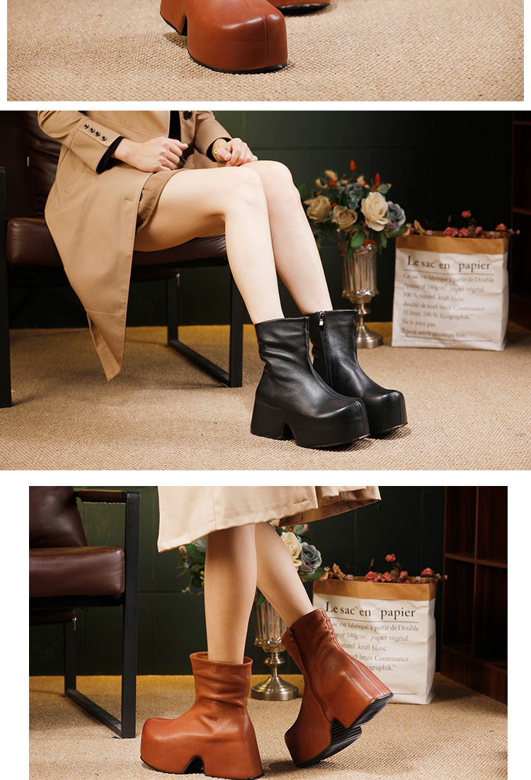 Boot nữ da bò thật cổ thấp đế dày tăng chiều cao phong cách cổ điển — màu đen, màu nâu