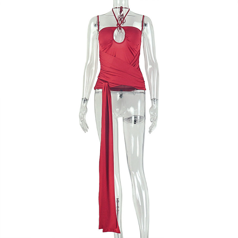Summer Sleeveless T Shirt Solid Color Ruffled Design Backless Slim Fit Casual Wear for Women Wholesale Available