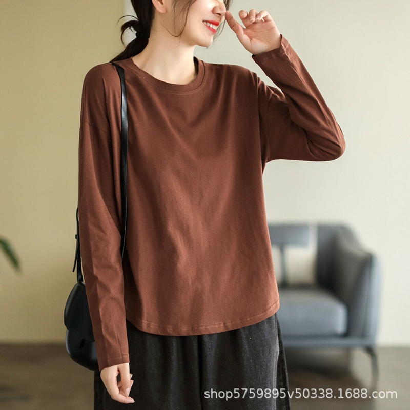 复古文艺纯色早秋打底衫女2025新款圆领百搭长袖t恤女士上衣