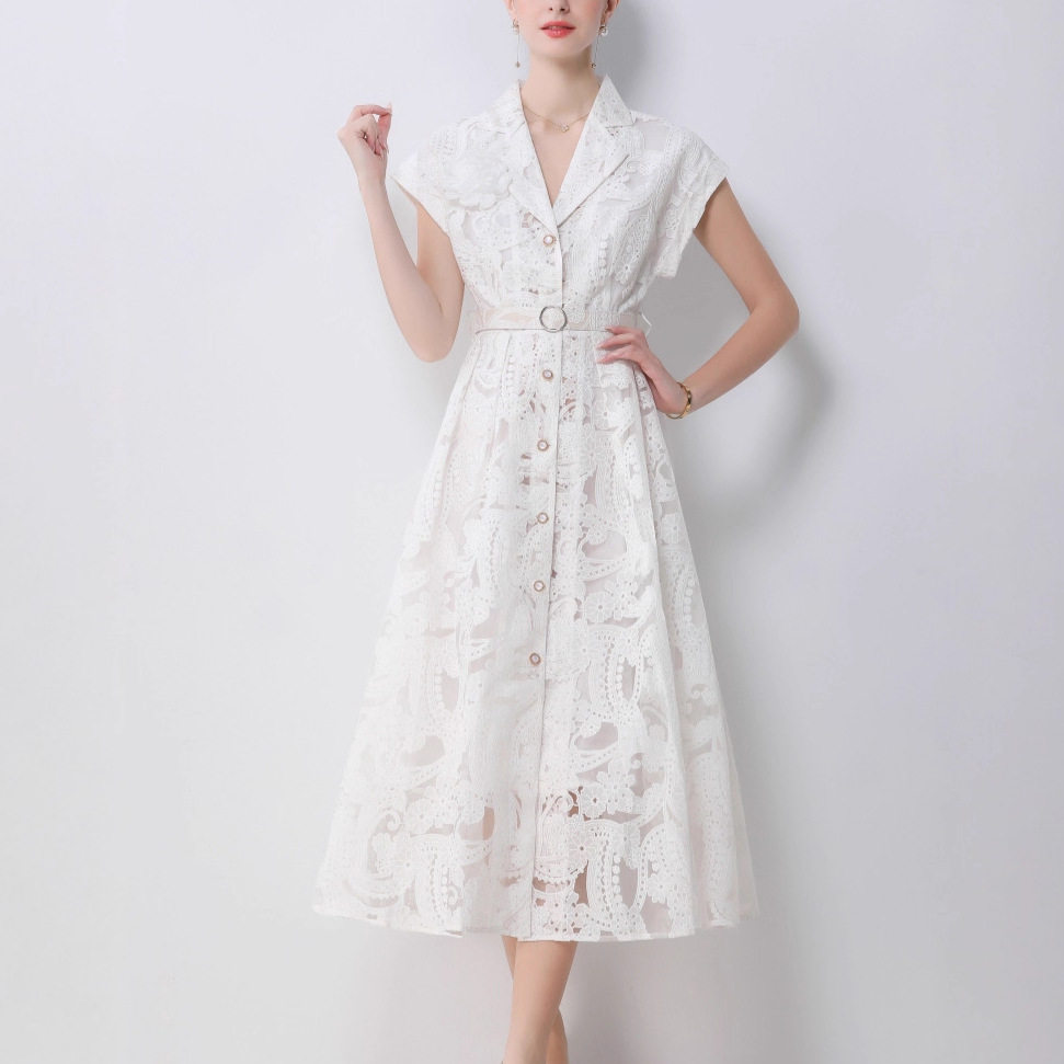 French Casual Midi Dress Short Sleeve Button Front Hollow Embroidery Belted Versatile Style for Summer Events