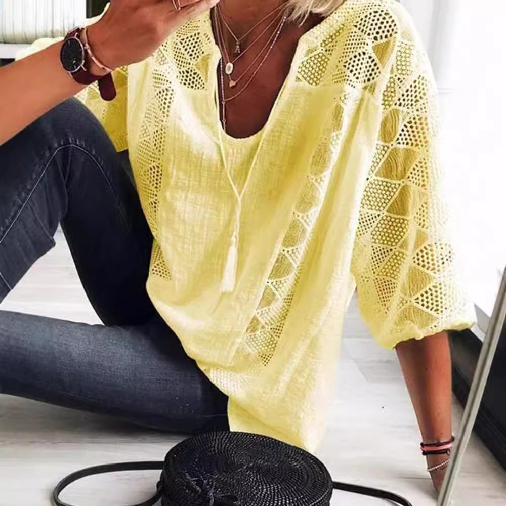 Lace Top Hollow Out Design U Neck Three Quarter Sleeve Casual Wear for Women Wholesale Available