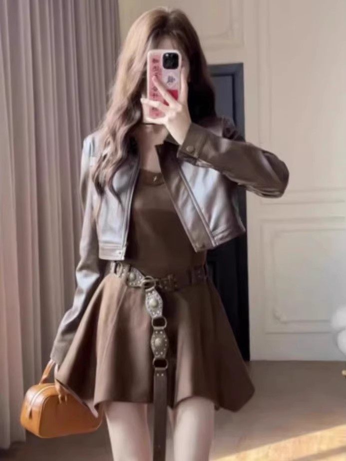 Suit for Women 2025 Spring and Autum Korean Sexy Short Jacket Leather Jacket Waist Suspender Dress Two-Piece Set