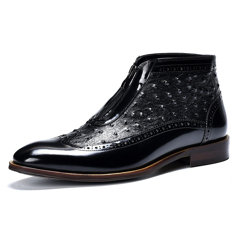 Boot Nam Da Bóng Khóa Kéo Trước Vân Đà Điểu Chiều Cao Đế Khoảng 3cm Màu Đen, Nâu