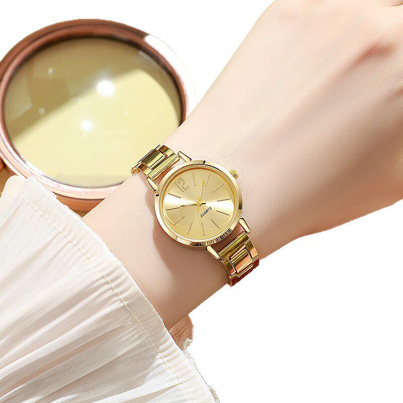 跨境爆款手链表时尚细窄表带金色钢带石英表女款学生表盘时装表