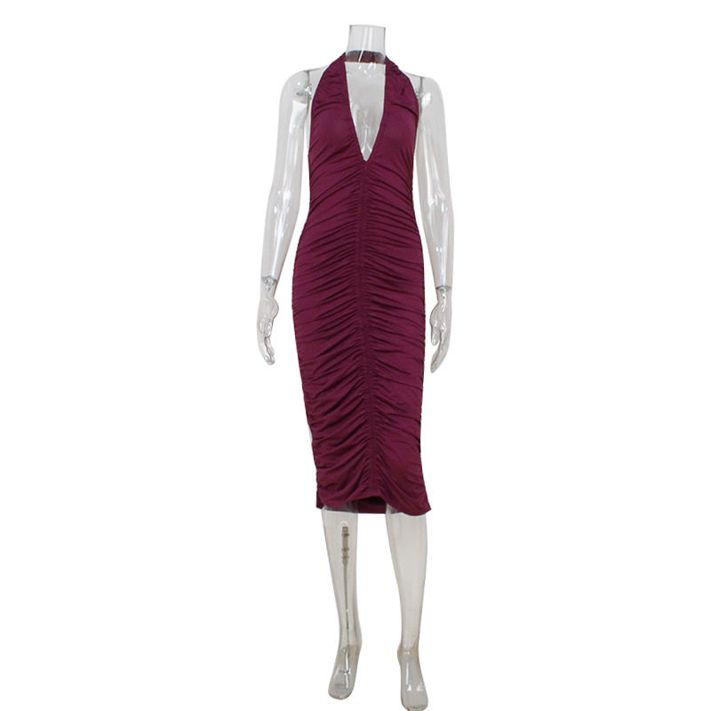 Bodycon Purple Dress Halter Neck V Neck Ruched Design Elegant Evening Wear Wholesale Available