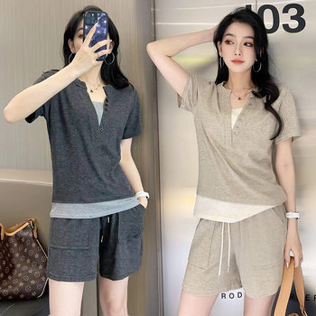 Glutinous Rice Casual suit Summer Thin Loose Lazy Casual Comfortable Stretch Lazy Style Slimming Short-sleeved Two-piece Set