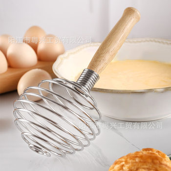 Factory in stock spring coil egg blender household round dispenser wooden handle spherical manual Eggbeater