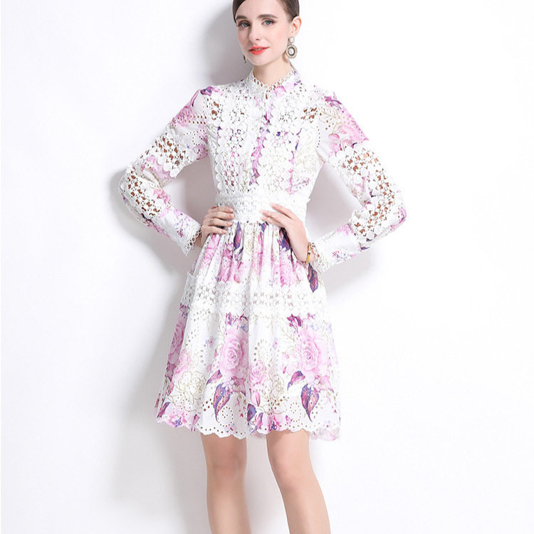 Elegant French Style Hollow Out Floral Embroidery A Line Dress Waist Defined Printed Chic Design Perfect for Parties