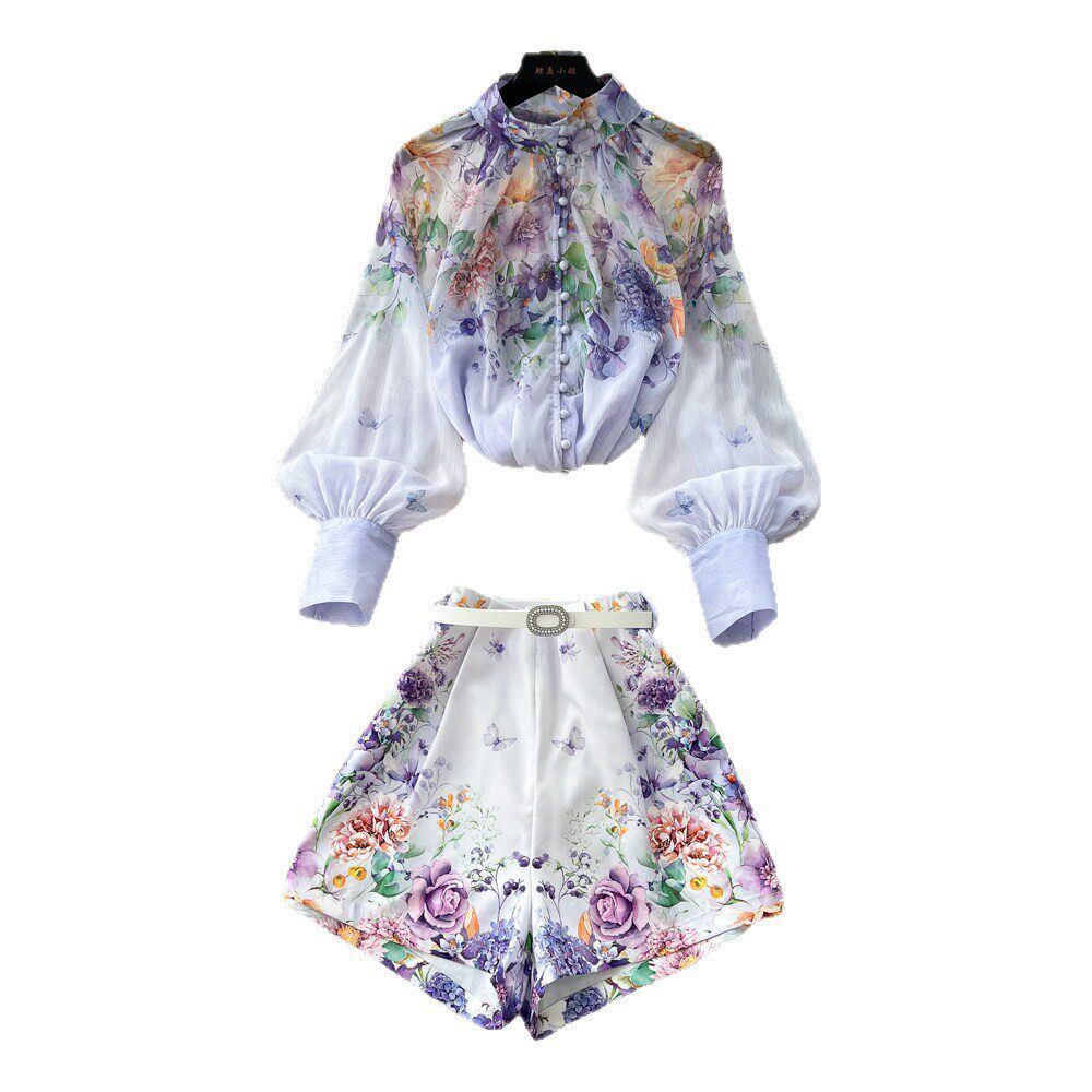 Fashion Floral Print Two Piece Set Lantern Sleeve Top Stand Collar High Waisted Shorts Office Wear Casual Style