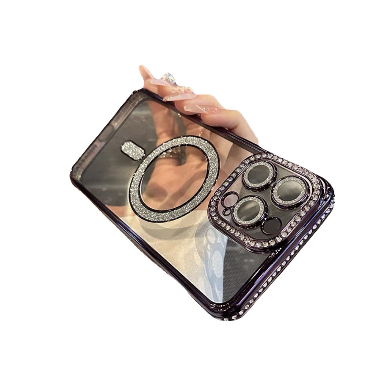 Rhinestone Frame Suitable for Iphone17Pro Magnetic Transparent Mobile Phone Case Apple 16 Glitter Anti-Fall 13 Soft Shell 12