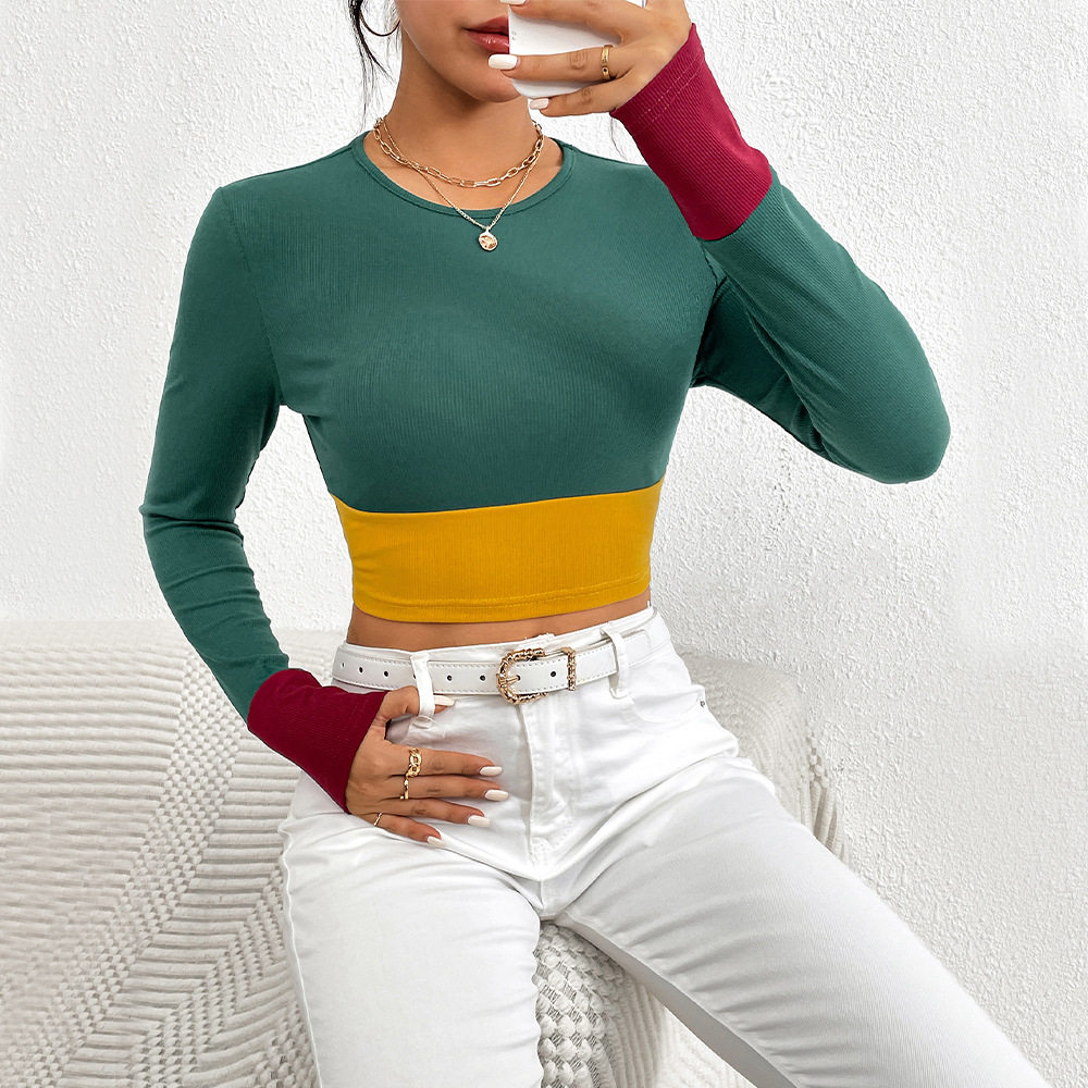 Womens Color Block Long Sleeve T Shirt Slim Fit Round Neck Stylish Design Autumn Winter Fashion Wholesale Available