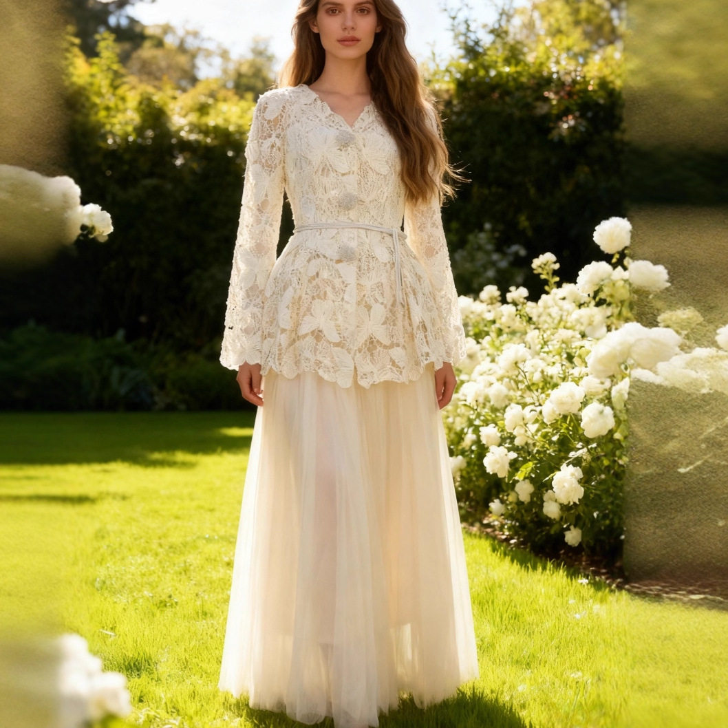 French Style Two Piece Set Elegant Lace Top with Tie Waist High Waisted Tulle Skirt Perfect for Parties or Special