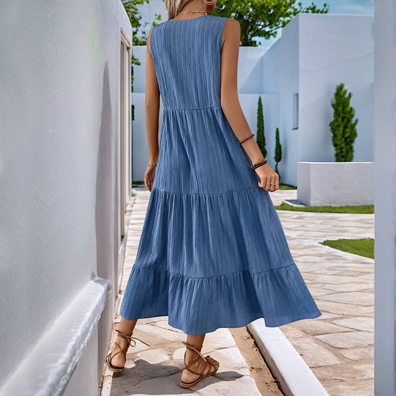 Summer Casual Midi Dress Button Detail Solid Color V Neck Sleeveless Perfect for Everyday Wear Wholesale Available
