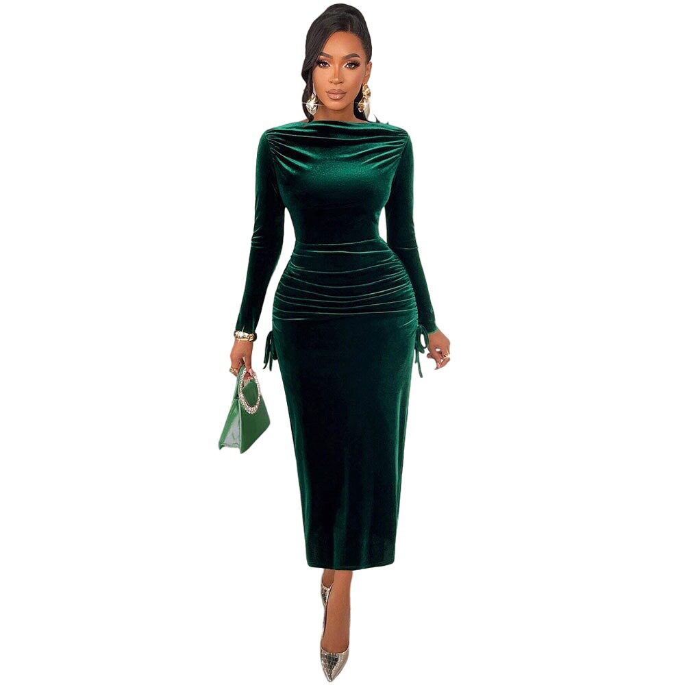 Velvet Maxi Dress for Women Dark Green Long Sleeve Slim Fit Side Pleats Elegant Spring Summer Outfit Wholesale