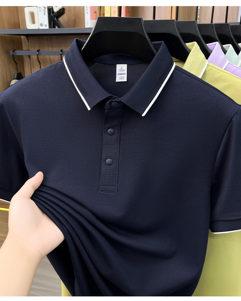 Áo polo nam Leishibert pha cotton lụa tơ tằm, tay ngắn co giãn thoáng mát mùa hè — Xanh biển, Xanh đậu nhạt, Vàng mạch nha, Đen bóng tối