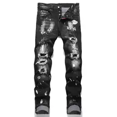 European and American 2025 Punk Men's Skinny Jeans Black Ripped Patch Paint Slim Mid-Waist Pants D4068