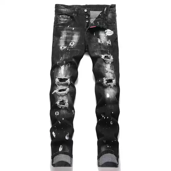 European and American 2025 Punk Men's Skinny Jeans Black Ripped Patch Paint Slim Mid-Waist Pants D4068