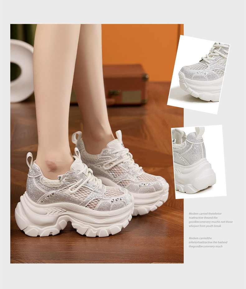 Sneaker nữ chunky đế dày rhinestone mũi tròn dây buộc — Trắng, Bạc, Đen chi tiết 3