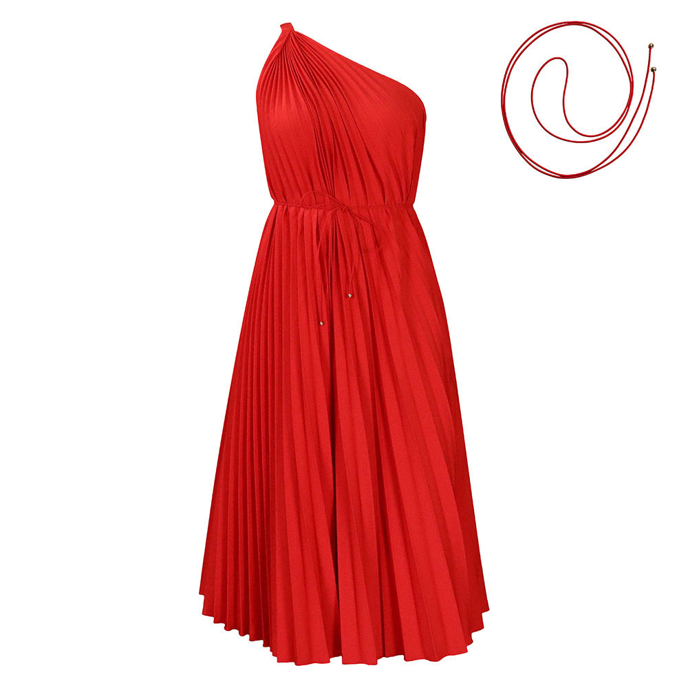 Plus Size Womens Dress Summer Collection Asymmetrical Shoulder Pleated Design Solid Color Elegant Style