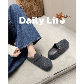 In Stock, Two Versions ~ 5cm Taller Woolen Fleece-Lined Thick-Soled Birkenstock Shoes for Women to Wear in Winter, Toe-Cap Half Slippers