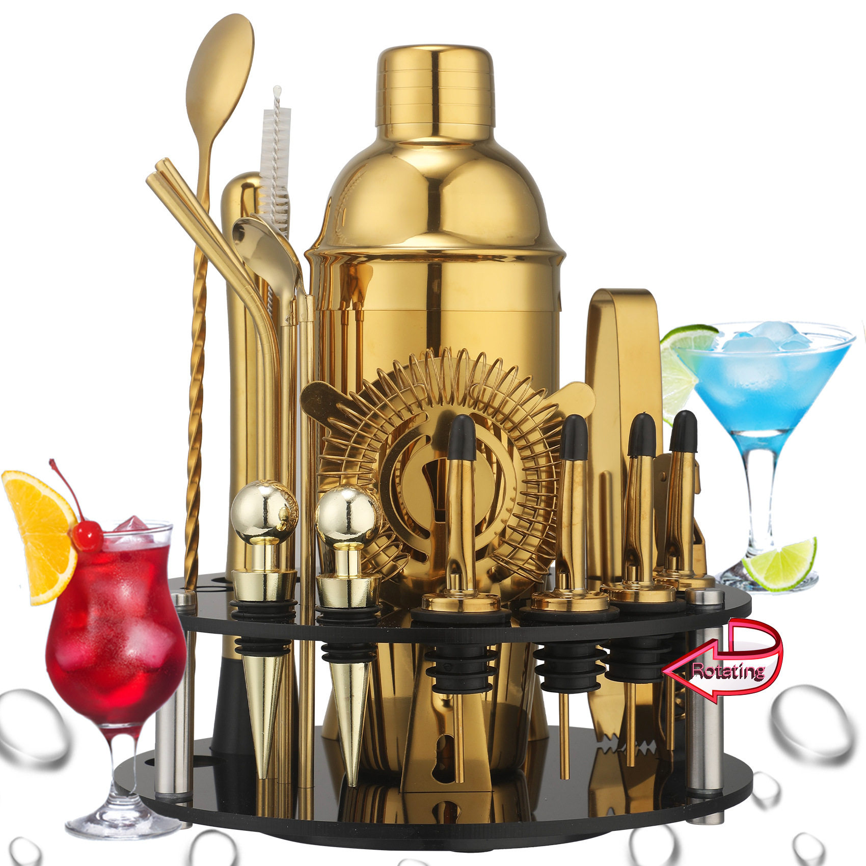 Rotating Round Black Acrylic Shaker Cup Set Anti-Fall Cocktail Shaker Bar Tool Set 20 Pieces