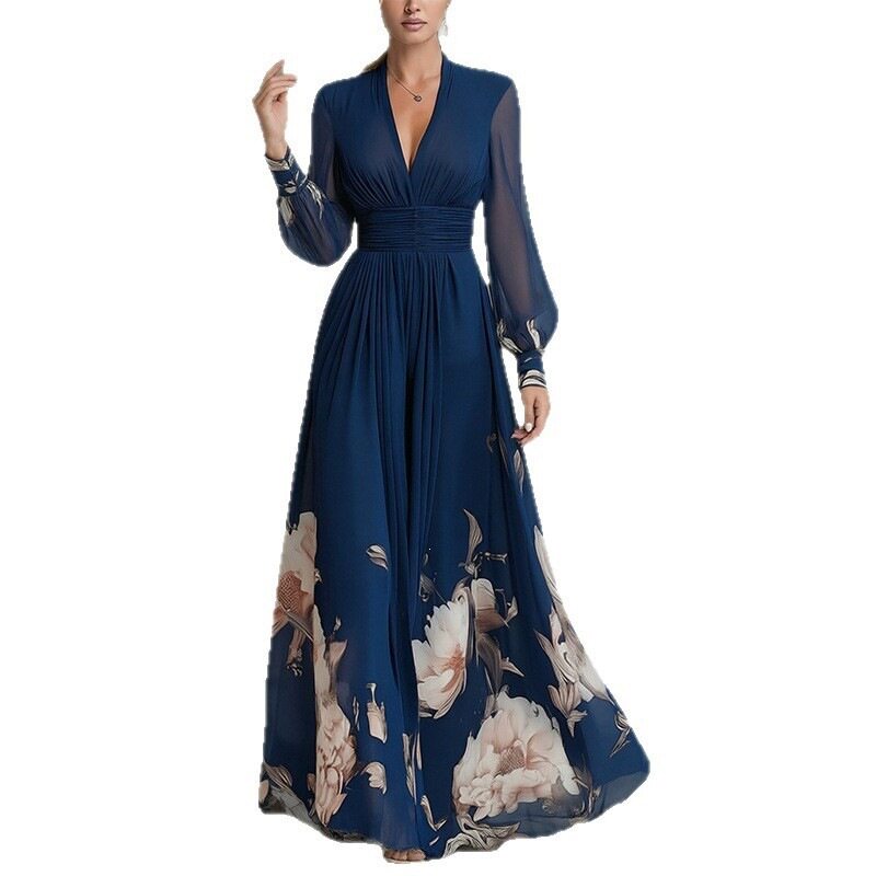 Womens Spring Dress Elegant Floral Print Waist Defined Long Silhouette Perfect for Casual or Formal Occasions
