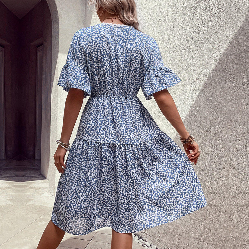 Summer Floral V Neck Dress Fresh and Sweet Style Blue Color Perfect for Casual Outings Wholesale Available
