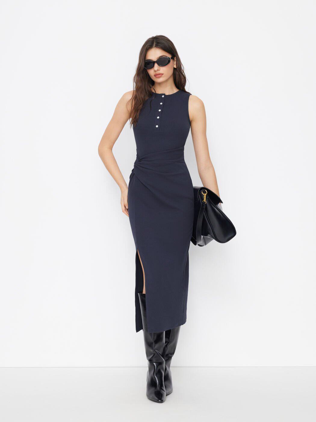 Knot Detail Bodycon Dress Sleeveless Round Neck Side Slit Knitted Fabric Elegant Style Perfect for Parties and
