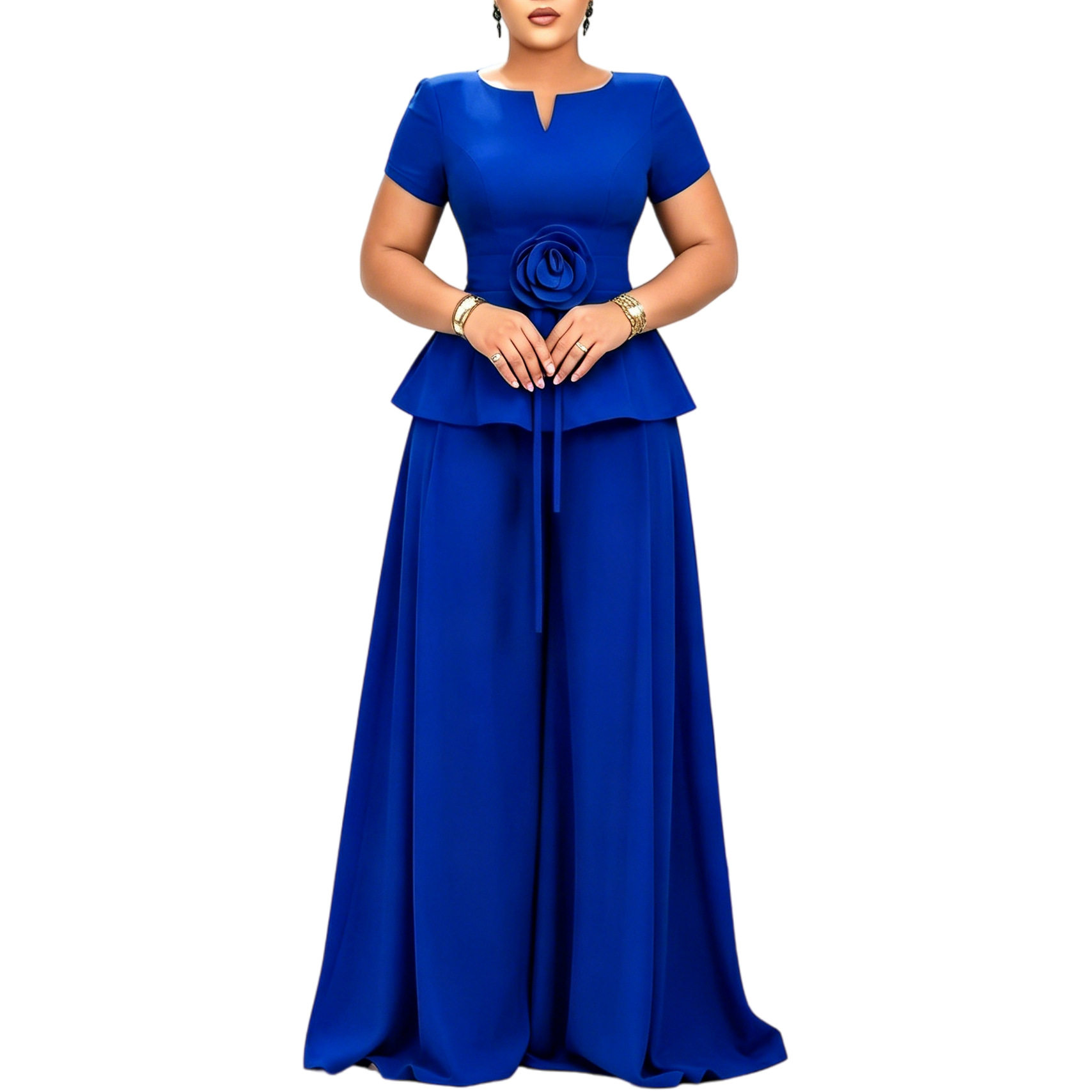 Elegant Plus Size Ruffled Sleeve Top and Wide Leg Pants Set Summer Fashion Casual Wear Wholesale Available