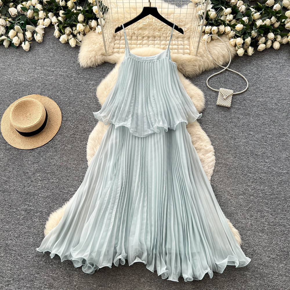Summer Womens Light Blue Ruffled Hem Sleeveless Maxi Dress High Waist Pleated Flattering Fit Vacation Style