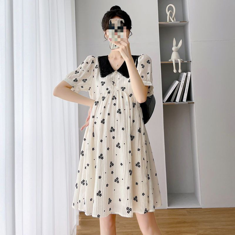 Maternity Wear Summer Internet Celebrity Korean Style Fashionable Doll Collar Loose Floral Maternity Mid-Length Slimming Maternity Dress