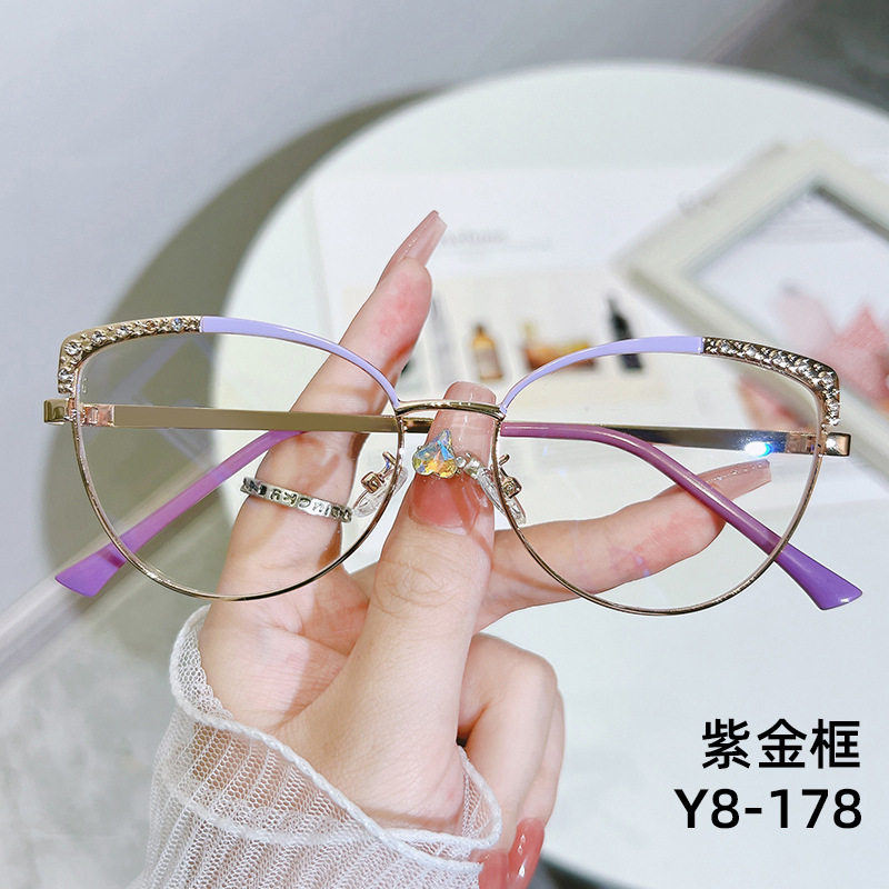Cross-Border New Fashion Anti-Blue Light Computer Glasses European and American Retro Metal Eyeglass Frames Cat-Eye Optical Flat Glasses Large Frame