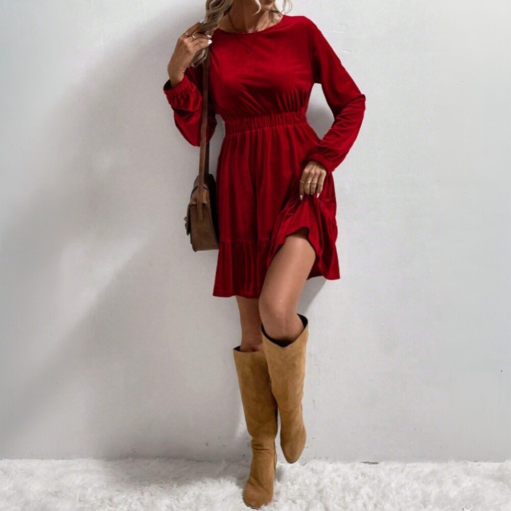 Velvet Long Sleeve Mini Dress Elastic Waist Mid Length Elegant Design Spring Summer Fashion Wholesale Available